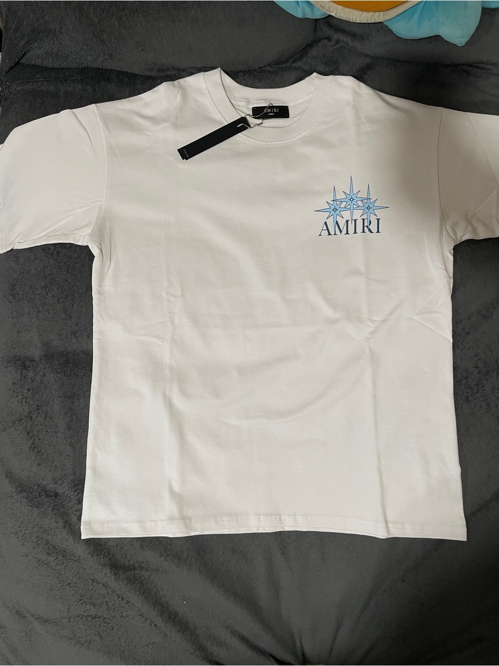 AMIRI White Logo Tee with Blue Graphic
